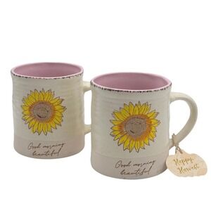 Global Design Good Morning Beautiful Ceramic Coffee Mug Sunflower Embossed 2pc‎